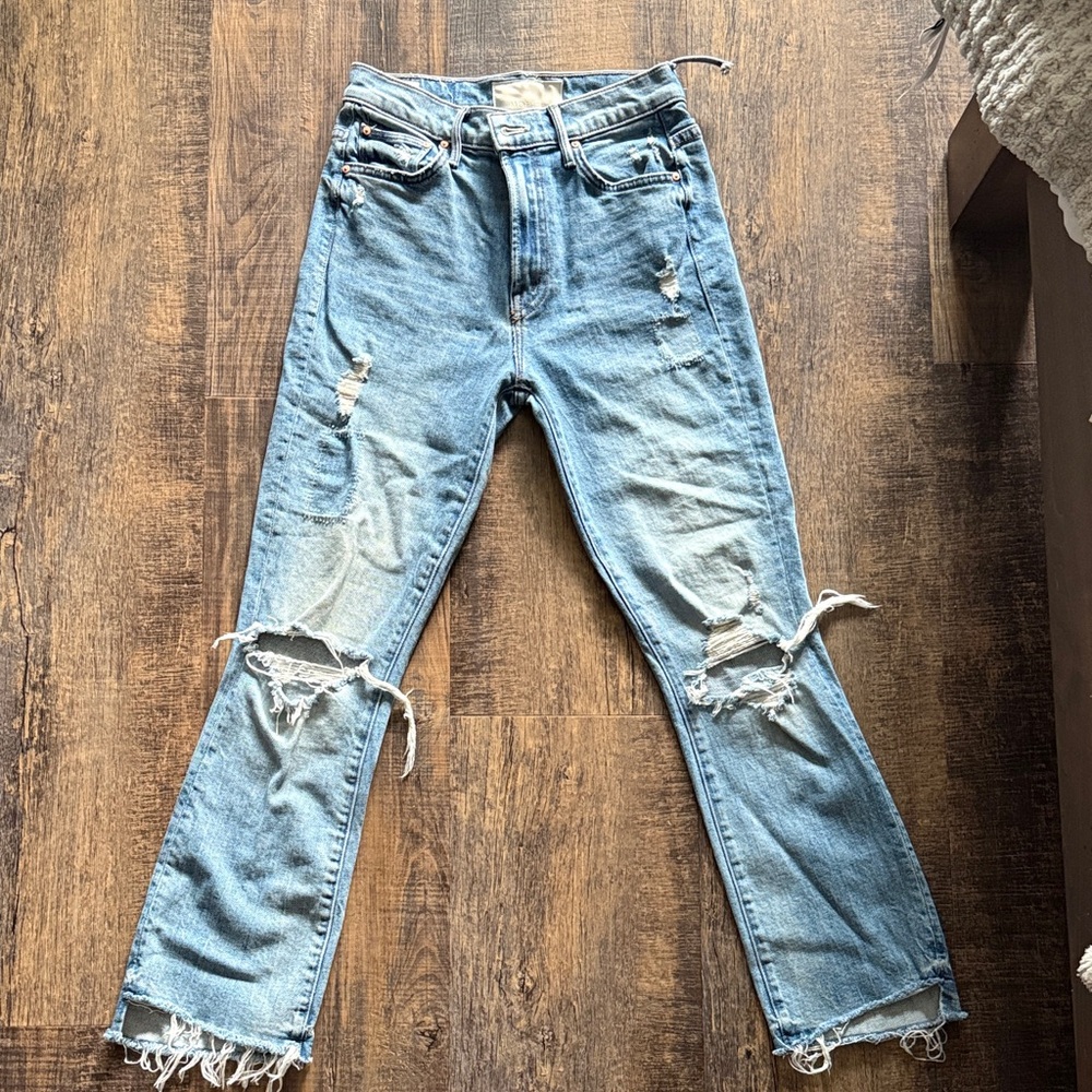 MOTHER Light Blue Distressed Straight Leg Jeans